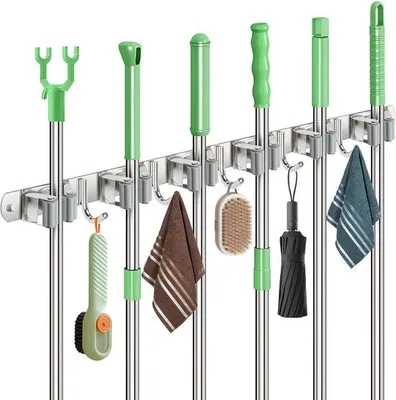 Image de Support mural en acier inoxydable avec 6 supports et 5 crochets pour outils de jardinage et balais