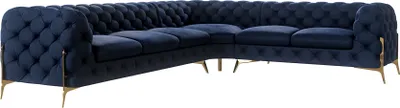 Produktbild von S-STYLE MÖBEL - Chesterfield Ecksofa Nova mit Goldene Metall Füßen aus Marineblau Samtstoff -  Ottomane rechts, B/T/H: 323 cm/ 264 cm/ 75 cm
