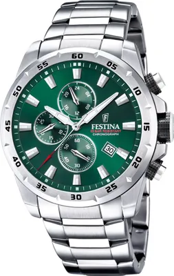A close-up studio shot of a men's wristwatch with a green dial and silver metal band.