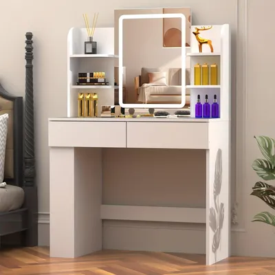 Zdjęcie produktu dla Lustro z oświetleniem LED, 3 barwy światła, 2 szuflady, 4 półki i minimalistyczny, biały design
