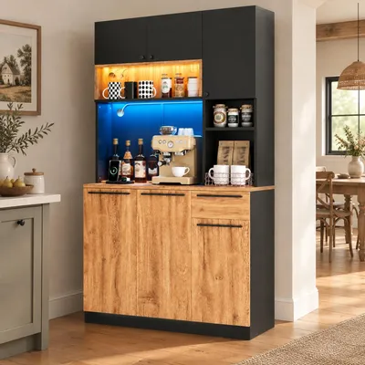 Produktbild von STILVORA Hochschrank mit 6 Türen und 1 Schublade, Küchenschrank mit LED-Beleuchtung und Steckdosen,Buffetschrank mit Stauraum, Weiß