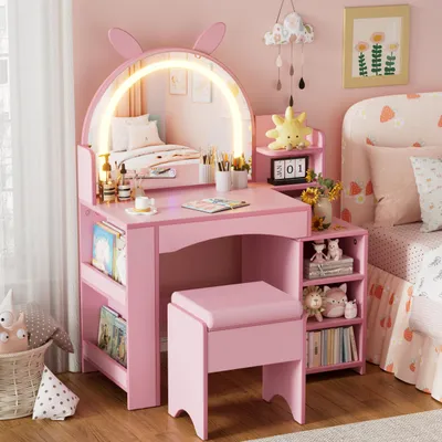 Produktbild von TWSOUL Schminktisch Kinder Schminktisch Set 3 in 1 mit LED-Spiegel, Hocker & Stauraum Frisiertisch für kleine Prinzessinnen, Rosa