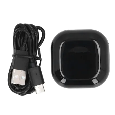 A black charging case and a black USB cable are shown on a white background.
