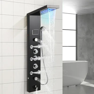 Zdjęcie produktu dla Panel prysznicowy Ikodm 6 w 1 z oświetleniem LED, głowicą deszczową i funkcją masażu, czarny