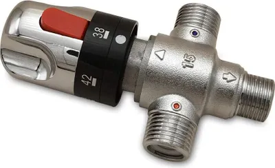 A close-up studio shot of a thermostatic mixing valve.