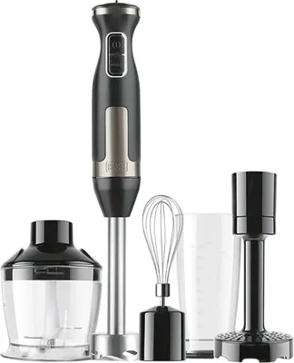 A set of kitchen appliances including an immersion blender, a whisk attachment, a chopper attachment, and a beaker, all arranged on a white background.