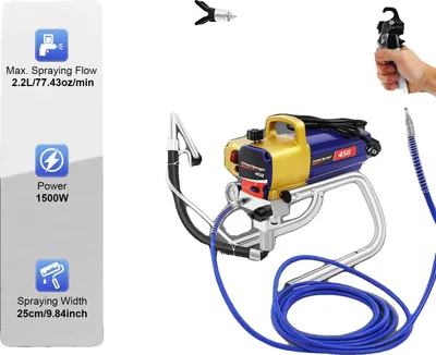 Zdjęcie produktu dla Bezpowietrzny rozpylacz farby, 1500 W, 3300 PSI, długość węża 8 m, typ dyszy 517, optymalna odległość natrysku 35–40 cm