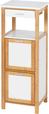 A tall, narrow storage unit with bamboo frame and white drawers/compartments.