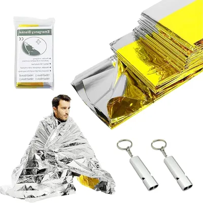 Productafbeelding van Reddingsdeken Set - Nooddeken Folie - Outdoor Overleven - Goud Zilver Dubbelzijdig - 210 x 160 cm - Zilver Geel