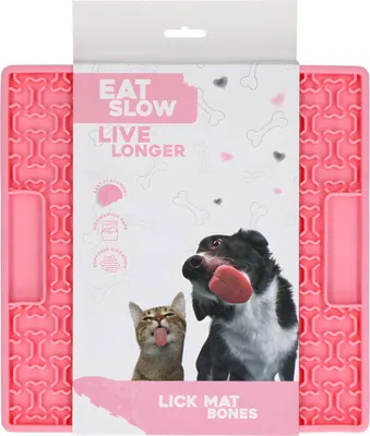 Image de Eat Slow Live Longer Tapis à lécher avec os rose, dimensions : 21 x 21 cm