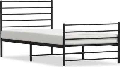 A black metal bed frame with a white mattress is shown against a white background.