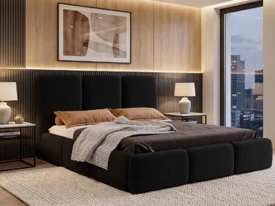 Produktbild von Polsterbett 180x200 cm mit Bettkasten VARDO, Stauraum und Metall-Lattenrost – Bouclé Stoff Schwarz