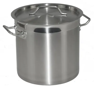 A stainless steel pot with a lid and handles, presented on a white background.