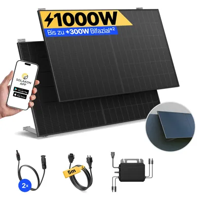 Produktbild von Balkonkraftwerk 1000W Solaranlage mit Wand/Gartenhaus Halterung Steckerfertig Komplettset Photovoltaik Anlage 800W, Kabellänge: 5m, Solakon