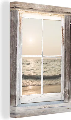 Produktbild von OneMillionCanvasses® - Leinwandbilder - 90x140 cm, Durchsichtig - Holz - Meer, - Geöffnetes Fenster - Fensterblick Schlafzimmer Kunstdruck Wanddekoration - Foto auf Leinwand - Gemälde auf Holzrahmen  - Wandschmucke - Schlafzimmer