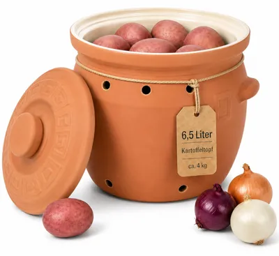 Produktbild von KERAZO 6,5 Liter Kartoffeltopf aus Steingut Keramik mit Deckel, Zwiebeltopf Vorratstopf Gemüsetopf, Natur/Creme