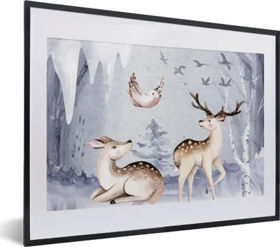 Produktbild von MuchoWow® Gerahmtes Poster Winter - Hirsche - Vögel - Schnee 40x30 cm - Poster mit Schwarzem Bilderrahmen Wandposter Rahmen Foto Bilder - Bilderrahmen - Poster im Rahmen