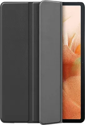 A black tablet case is shown partially open, revealing a tablet screen with an abstract orange and pink wallpaper.