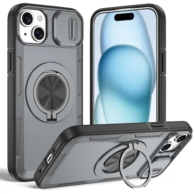 Produktbild von Magnetische Hülle für iPhone 15, Militär Stoßfest Handyhülle mit Kameraschutz und Ringhalter Ständer Grau