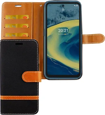 A flip-case phone cover with a phone inside, shown open.