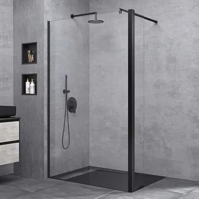 Image de doporro Paroi de Douche à L'italienne Transparent 80cm Pare-Douche Verre de Sécurité 8mm Bremen1K 80x200cm Profilé Noir Stabilisateur Rond