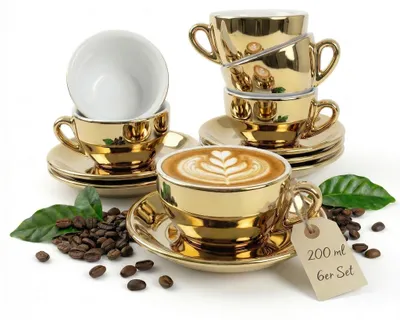 Produktbild von MUVELL 6er Cappuccino / Kaffee-Set "FLORENZ" inkl. Tasse 200ml + Untertasse 16cm, goldfarben