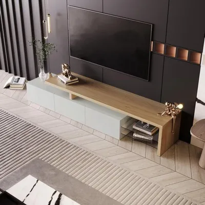 Obrázek produktu pro TV stolek – nízká komoda – šířka 200 cm – bílá barva – s LED osvětlením a skleněnými policemi