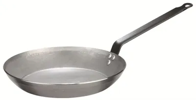 A metal frying pan with a long handle, shown against a white background.