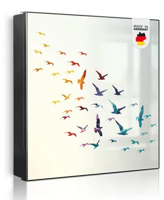 Zdjęcie produktu dla banjado metalowa szafka na klucze, duża 30x30 cm z 32 haczykami, może służyć jako tablica magnetyczna, czarny korpus, zawias po lewej stronie, Fliegende Vögel [SKG2 10738]