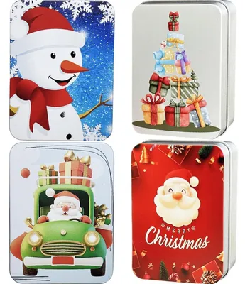 Image de Lot de 4 boîtes à biscuits de Noël, petites, carrées, en métal, de couleurs vives, avec motifs de Noël, dimensions : 11,5 x 8,5 x 2,2 cm