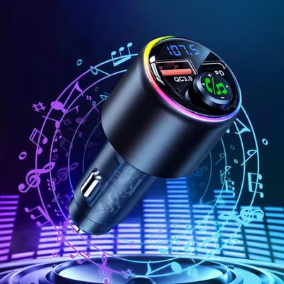 Produktbild von MODFU Bluetooth Adapter Auto, Bluetooth 5.3 FM Transmitter mit Typ C PD 30W & QC3.0 18W USB, Auto Ladegerät Zigarettenanzünder für Musik, Freisprecheinrichtung, 7 Farben LED Lichtdesign