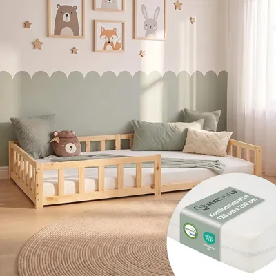 Produktbild von Homestyle4u Kinderbett 120x200 mit Lattenrost und Matratze mit ® Standard 100mit Rausfallschutz Natur Bodenbett Montessori