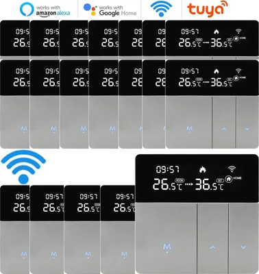 A collage of smart thermostat devices with digital displays showing time and temperature, along with compatibility logos for Alexa and Google Home.
