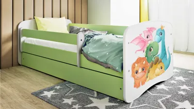 Produktbild von Kinderbett Jugendbett Dino 70x140, 80x160, 80x180 cm - Komplettset mit Matratze, Schublade & Rausfallschutz