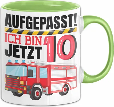 Produktbild von 10. Geburtstag Geschenk Tasse Becher Jungs Feuerwehr Aufgepasst Ich Bin Jetzt 10 (Grün)