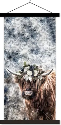 Produktbild von MuchoWow® Textilposter Schottisches Hochlandrind - Rauch - Blumen 60x120 cm mit schwarzem Rahmen - Magnete