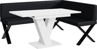 Produktbild von MEBLINI Eckbank für Esszimmer mit ausziehbarem Tisch  - Küchenbank - Essecke - Sitzecke Küche - PETER - X-Beine 128x168x87cm Rechts - Schwarz Kunstleder/M Weiß Matt