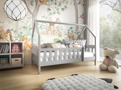 Produktbild von MTJMöbel Kinderbett LUNA 160x80cm mit Matratze, Hausbett mit Sicherheitsgeländer, Grau Holz