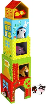 Obrázek produktu pro Tooky Toy dřevěná stohovací pyramida TKF053 se zvířátky z farmy, 10 dílů, barevná stohovací věž