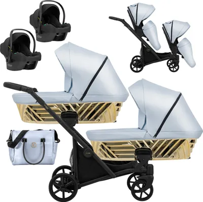Produktbild von Kinderwagen IVENTO DUO GLAM 3 in 1 Zwillingskinderwagen Geschwisterwagen Zwillingsbuggy Doppelkinderwagen (Eco Baby Blue Metalic, Rahmen: schwarz)