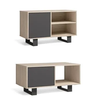 Image de WIND Ensemble de Meubles, Buffet-Meuble TV100-Table Basse, Chêne et Gris, Pieds noirs