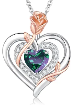 Productafbeelding van Halsketting dames, dubbel hart, roos, bloem, 925 zilver, geboortesteen alexandriet, cadeau