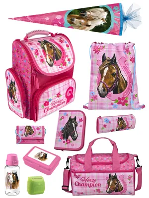 Produktbild von Mädchen Schulranzen 1. Klasse in Rosa mit Pferde Motiv 10tlg. Schultaschen Set mit Sporttasche und Schultüte / Zuckertüte