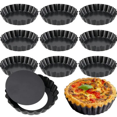 10 runde Quicheformen 10 cm, antihaftbeschichtet, herausnehmbarer Boden, gewellt