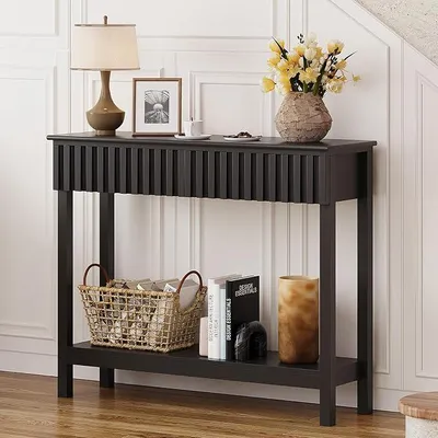 Imagen del producto de Mesa consola estrecha con 2 cajones y estante – Mesa moderna con diseño acanalado de madera, ideal para el pasillo, el salón o detrás del sofá (negra, 2 cajones)