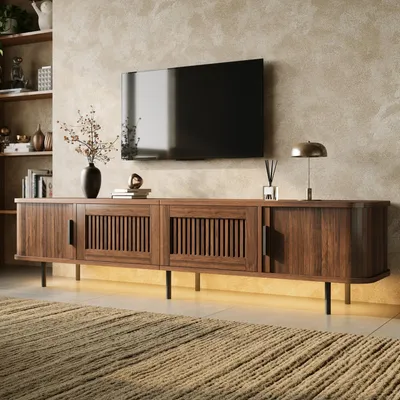Produktbild von Merax TV Lowboard mit LED App Steuerung, TV Schrank mit Schiebetüren und Gitteroptik Schubladen, TV-Board mit Eisenfüße, Fernsehbank, Walnuss