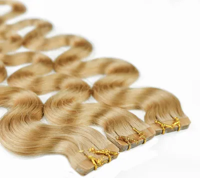 Produktbild von hair2heart Tape Extensions Echthaar Gewellt - 10 Tapes 2.5g 50cm 9/31 lichtblond gold-asch