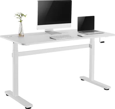 A white adjustable standing desk with a computer monitor, laptop, and keyboard.