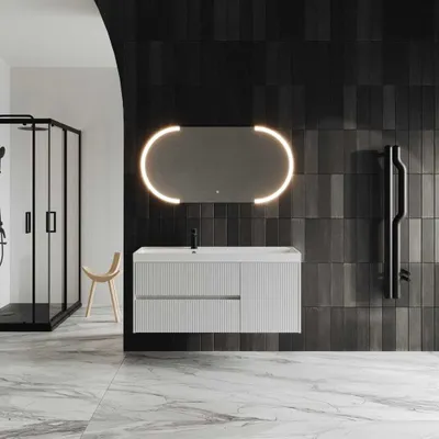 Produktbild von Unterschrank in weiß geriffelt, Led Spiegel mit Touch Sensor und Waschtisch | Cortina