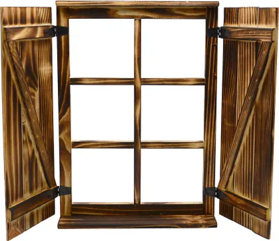 Produktbild von UNUS® Deko-Fenster Sprossenfenster mit Fensterläden Holz geflammt Dekorahmen